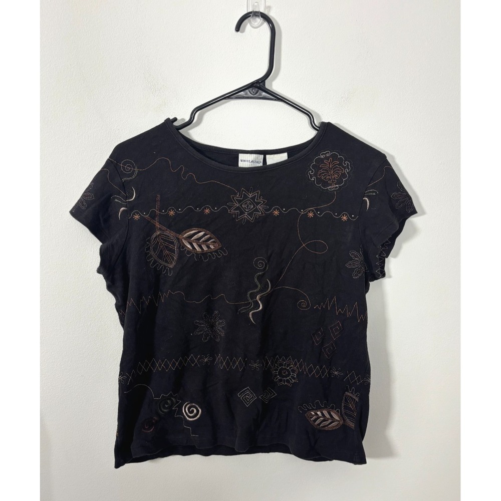 White Stag Y2K Black Embroidered T-Shirt Blouse Cotton Women's Medium